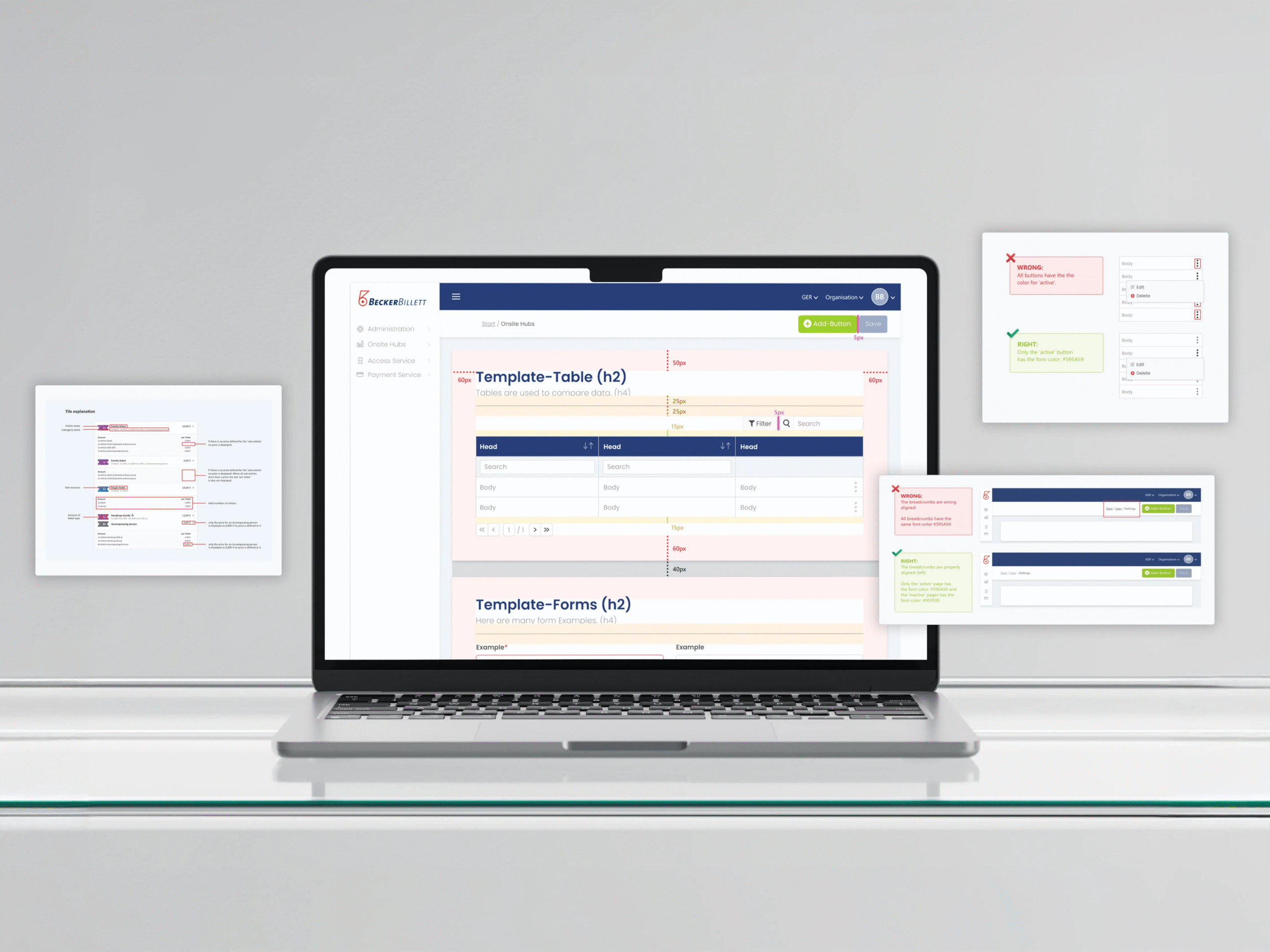 A laptop displays a UI design system with templates for tables and forms. Floating UI elements highlight correct and incorrect design patterns, focusing on usability improvements and consistency.