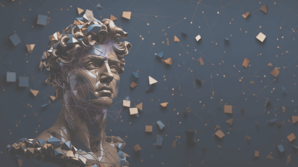 Digital 3D artwork of a fragmented classical statue head with geometric shapes and network lines on a dark background
