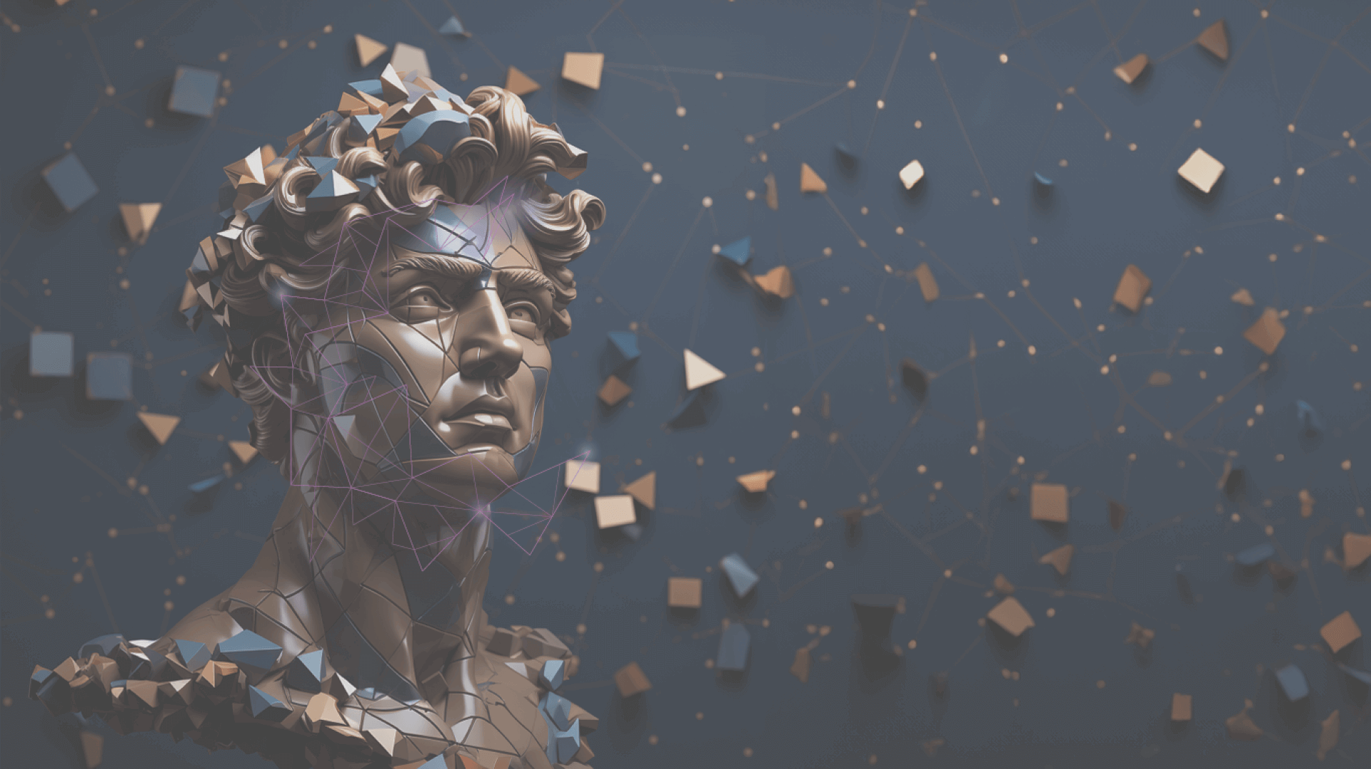 Digital 3D artwork of a fragmented classical statue head with geometric shapes and network lines on a dark background
