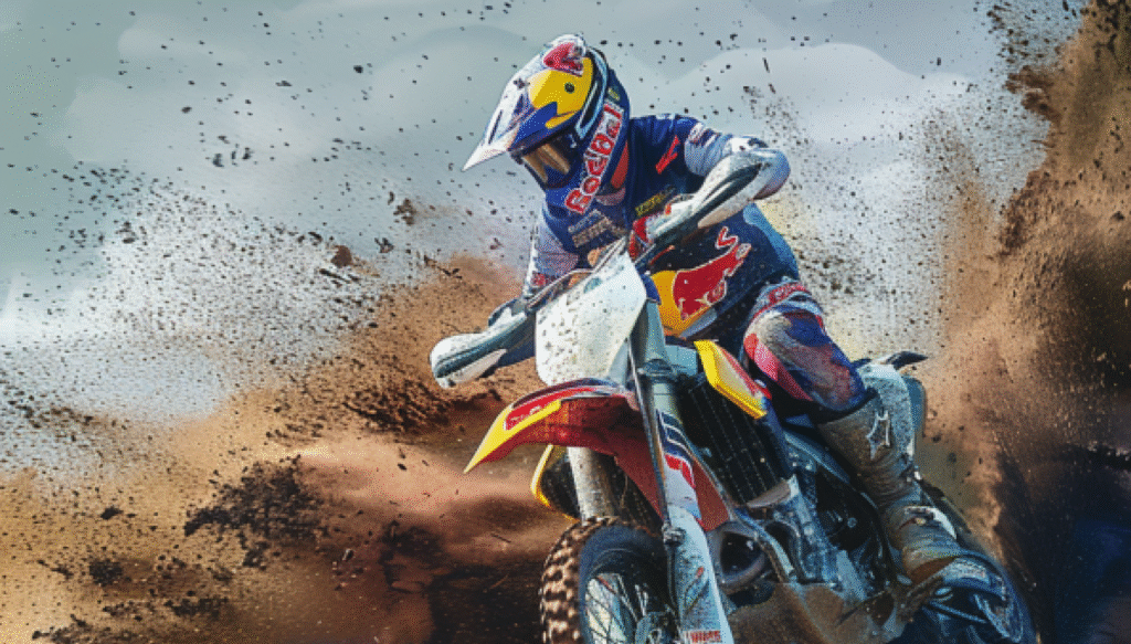 Motocross rider in Red Bull branded clothes kicking up dirt during a high-speed turn