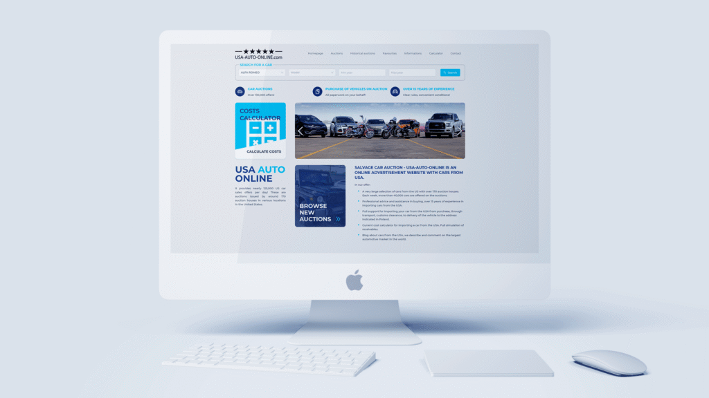 A desktop computer screen displaying the USA Auto Online website, featuring car auctions, a cost calculator, and information about services for importing vehicles from the USA to Poland. The site layout includes navigation menus, promotional banners, and sections highlighting auction listings and company experience.