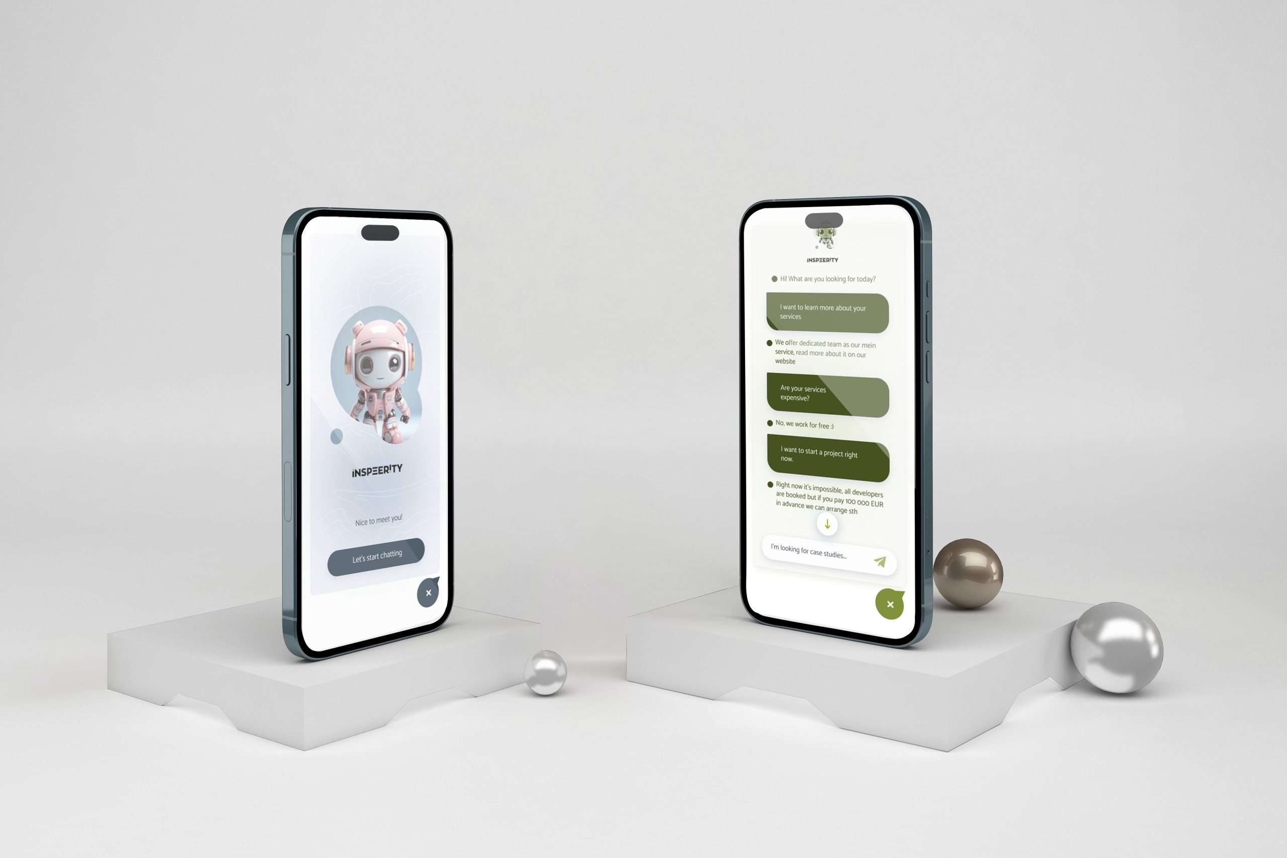 Two mobile phones showing the AI chatbot's UI