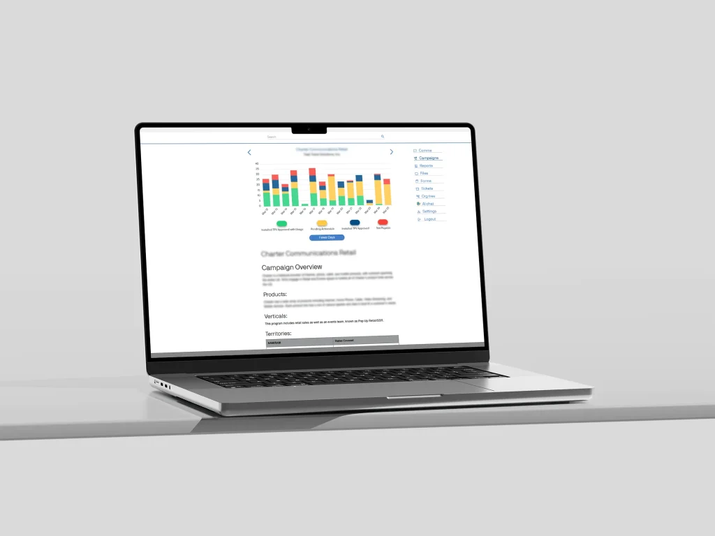 Laptop showing a campaign overview page with charts and performance data.