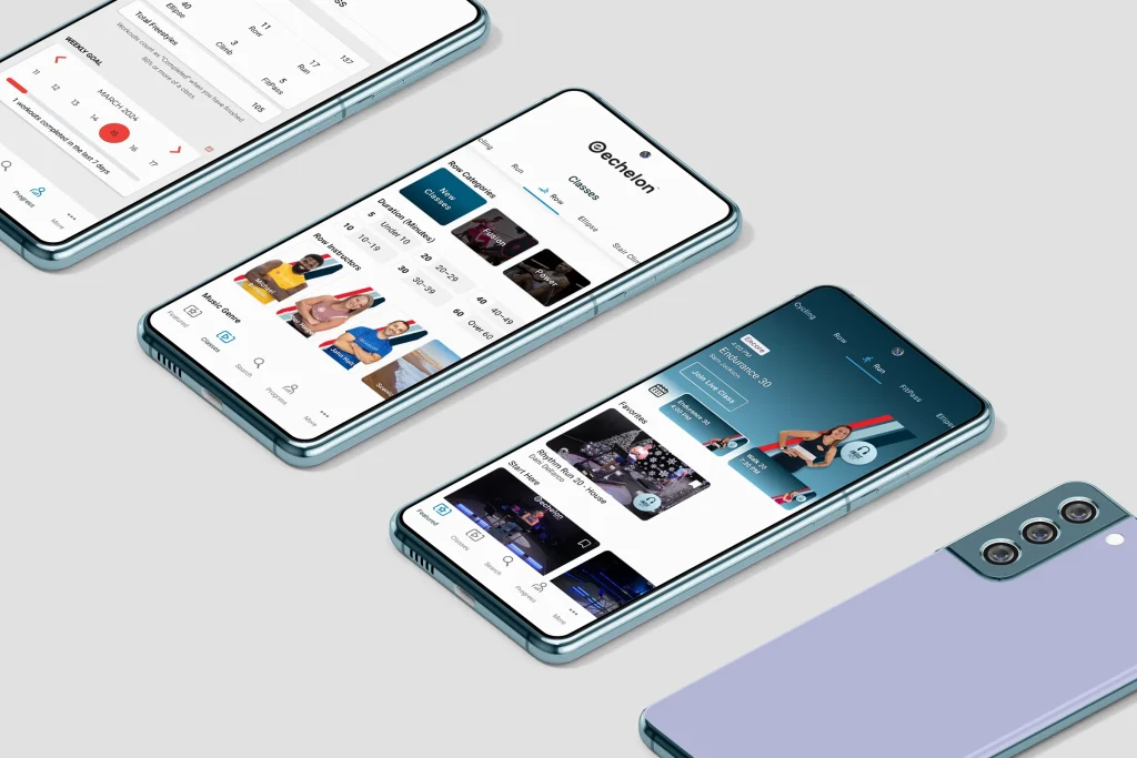 Smartphones displaying the Echelon fitness app with workout classes and trainer profiles.