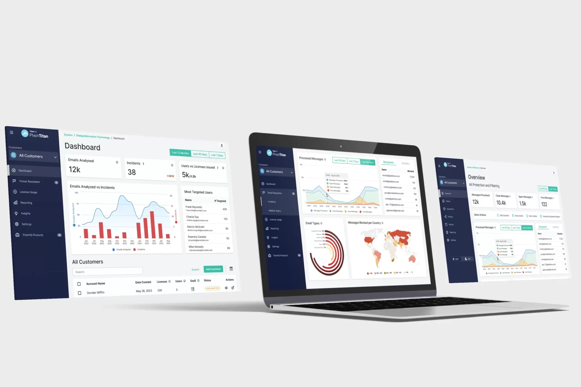 Laptop and screens displaying a clean analytics dashboard with charts, maps, and data panels on a light background.