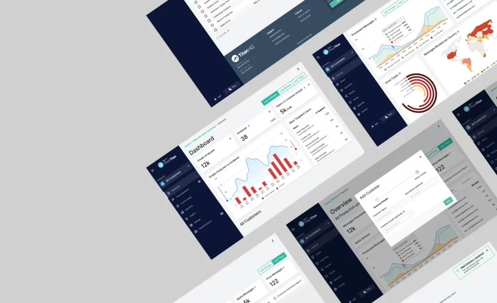 Dashboard interface mockups showing analytics charts, maps, and user data panels on a light grey background.