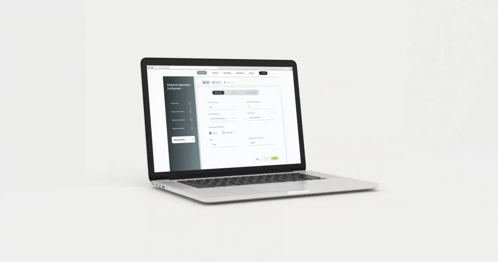 Laptop showing an agreement configurator interface with billing and payment options.