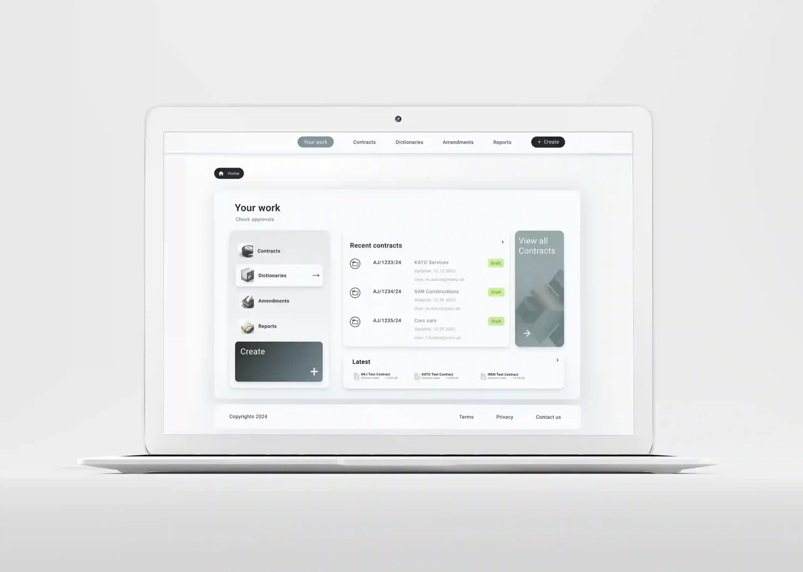 Laptop displaying a clean dashboard for managing contracts and approvals.