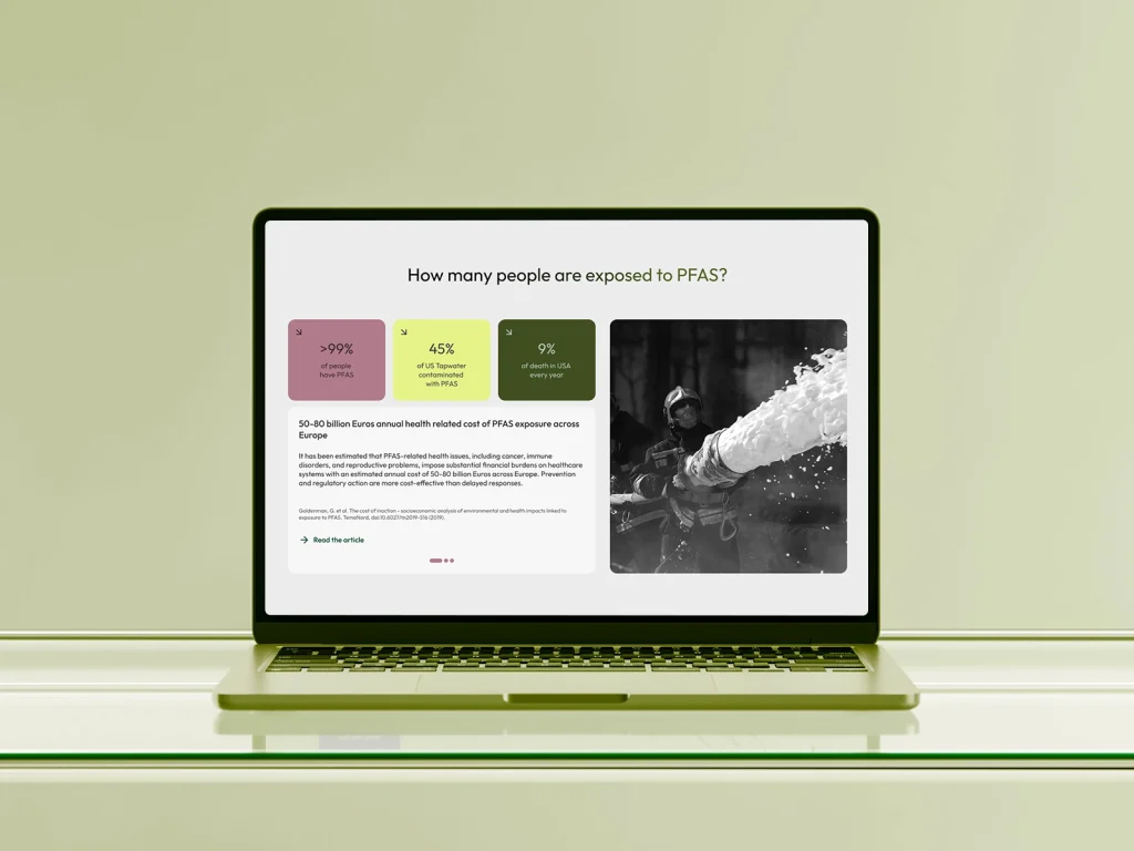Laptop screen showing data and visuals about PFAS exposure and health impact statistics.