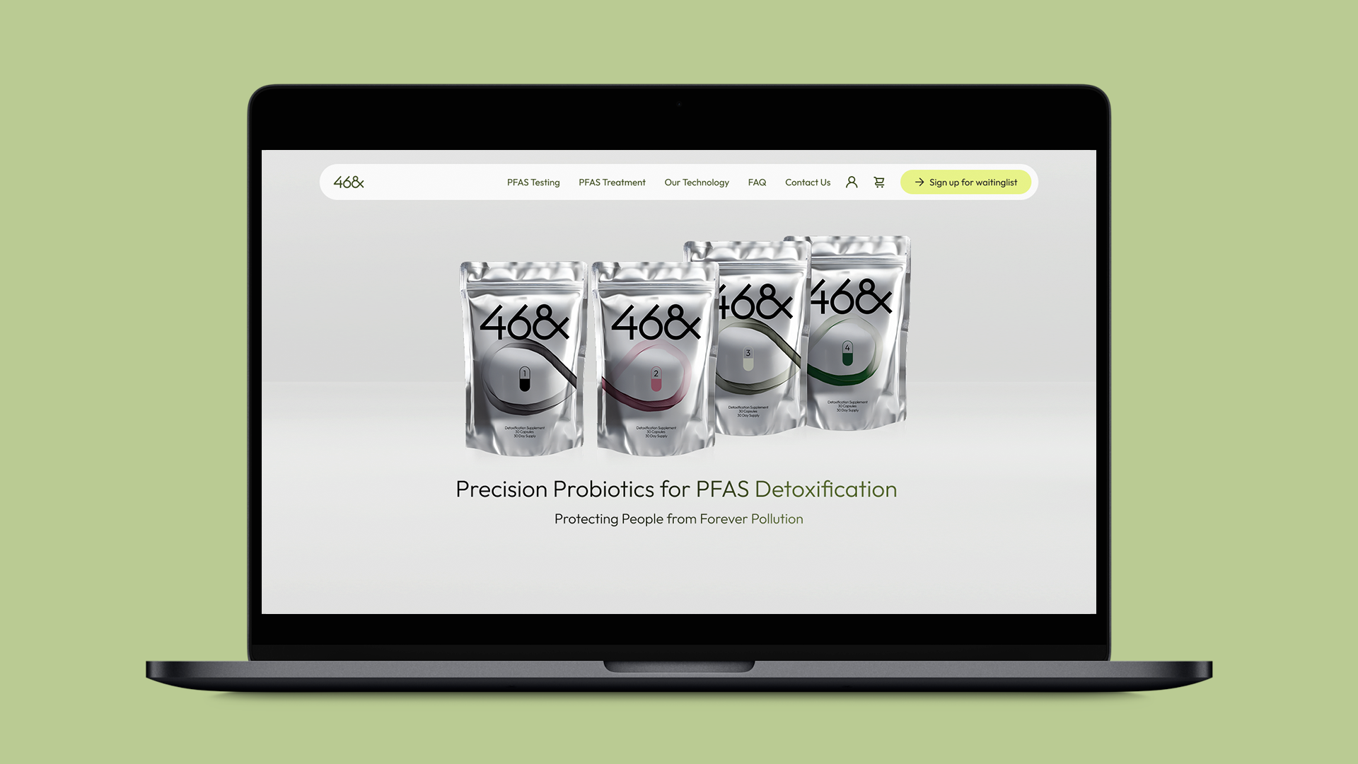Laptop displaying a website for precision probiotics designed for PFAS detoxification.