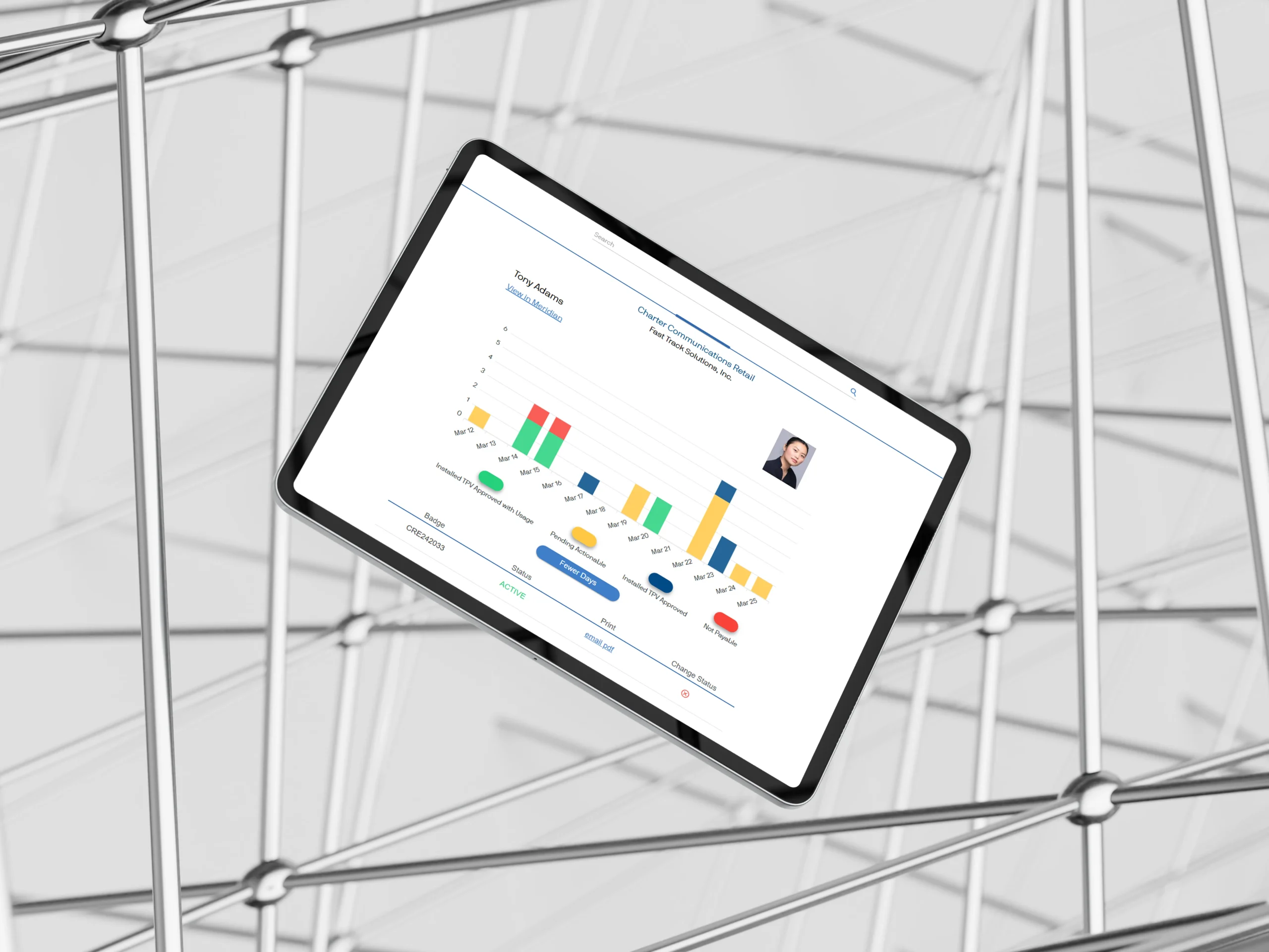 Tablet displaying a business analytics dashboard with colorful performance charts.