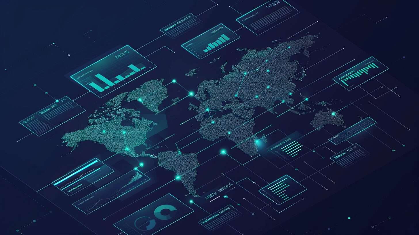 Digital world map with glowing data points and analytics panels representing global data flow.