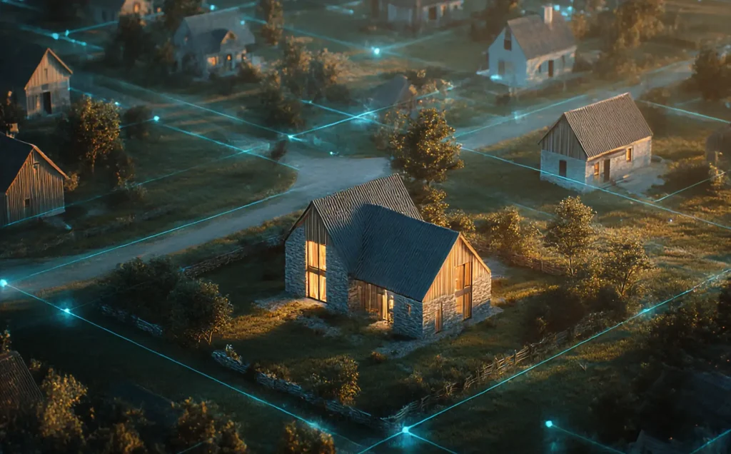 Aerial view of connected houses with glowing network lines symbolizing smart grid communication.