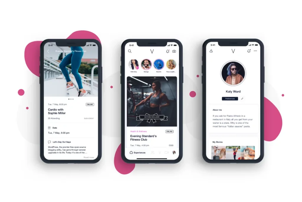 Three mobile screens showing a social fitness app with event listings, profiles, and stories.