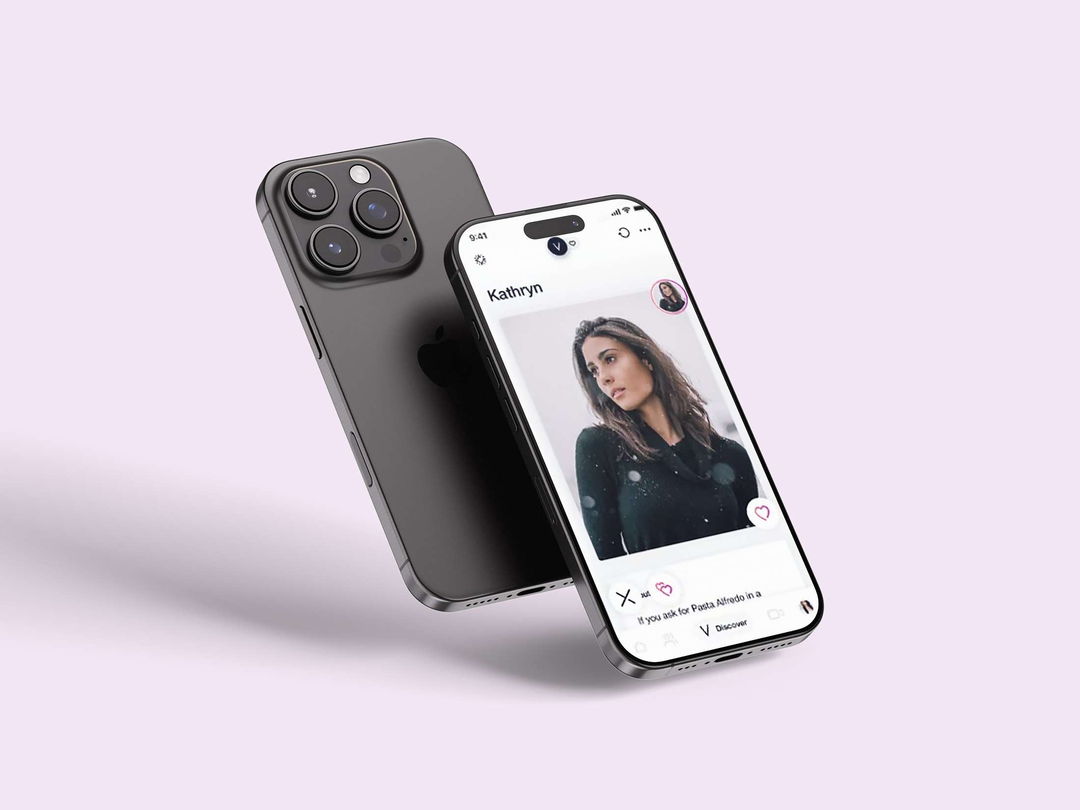 Smartphone displaying a dating app profile on a light purple background.